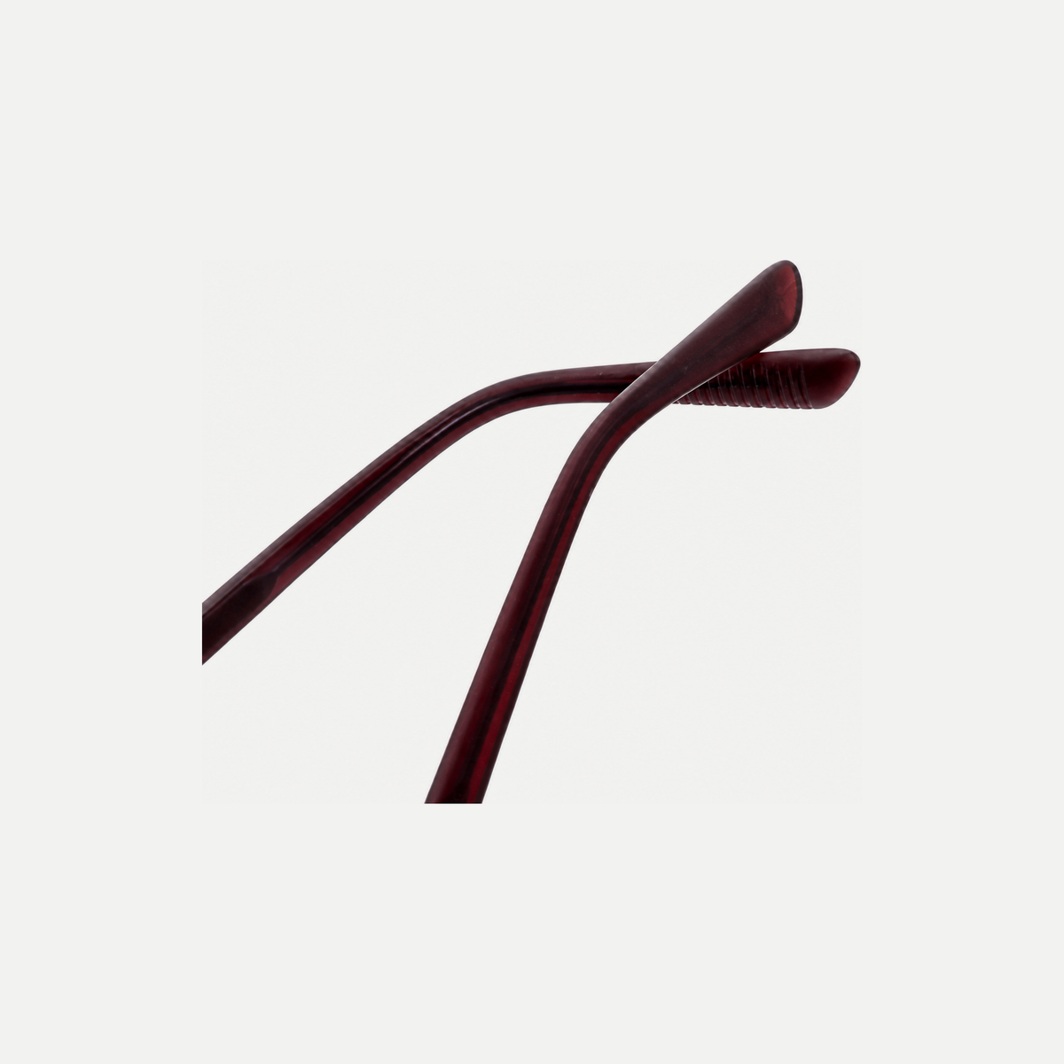 Evelyn burgundy acetate glasses, temple tips detail