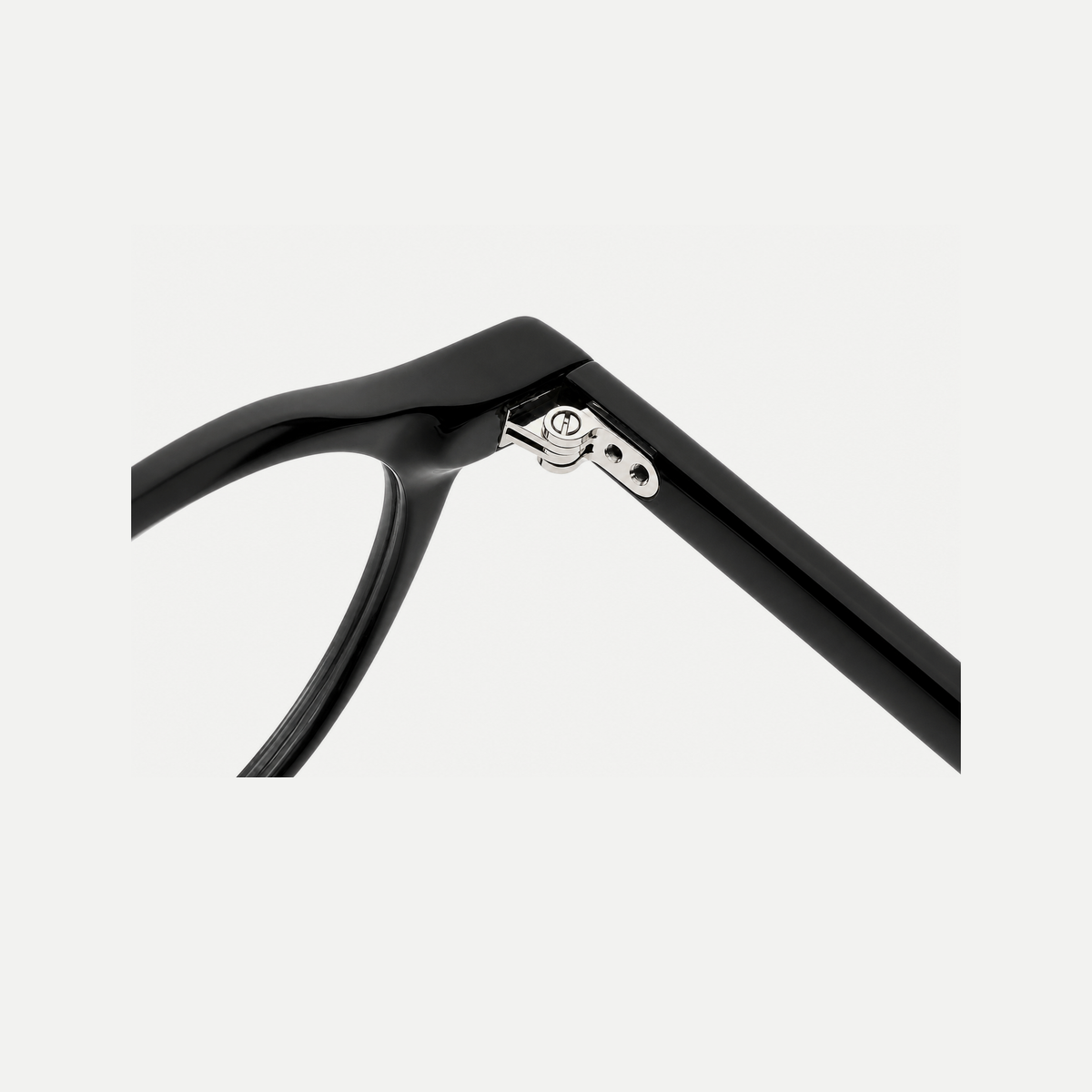Clara black acetate glasses, hinge detail