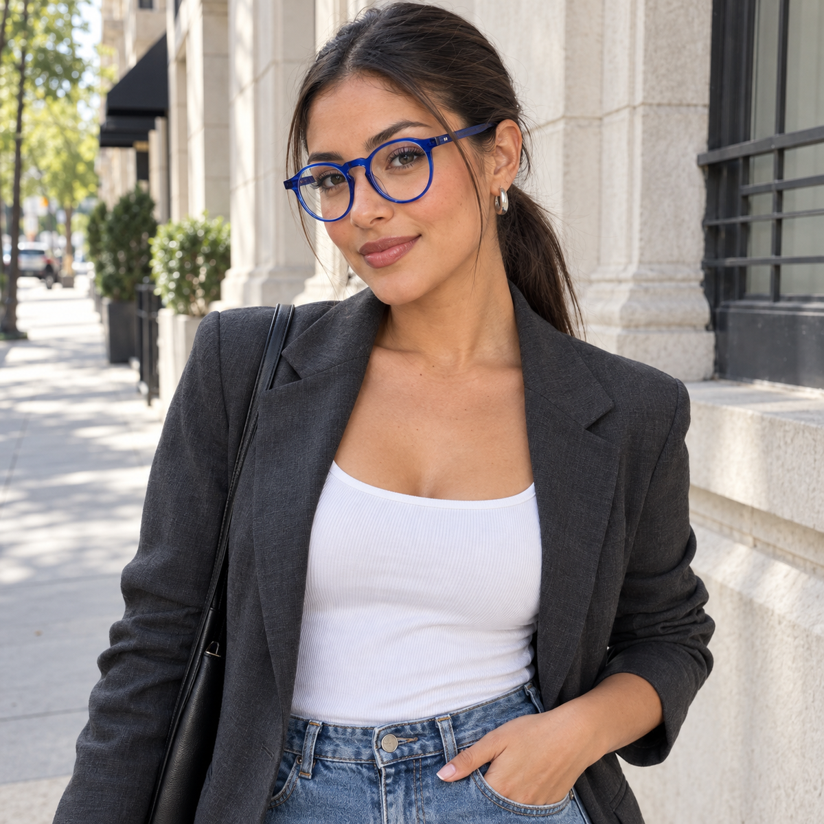 Woman wearing Clara blue round optical glasses outdoors