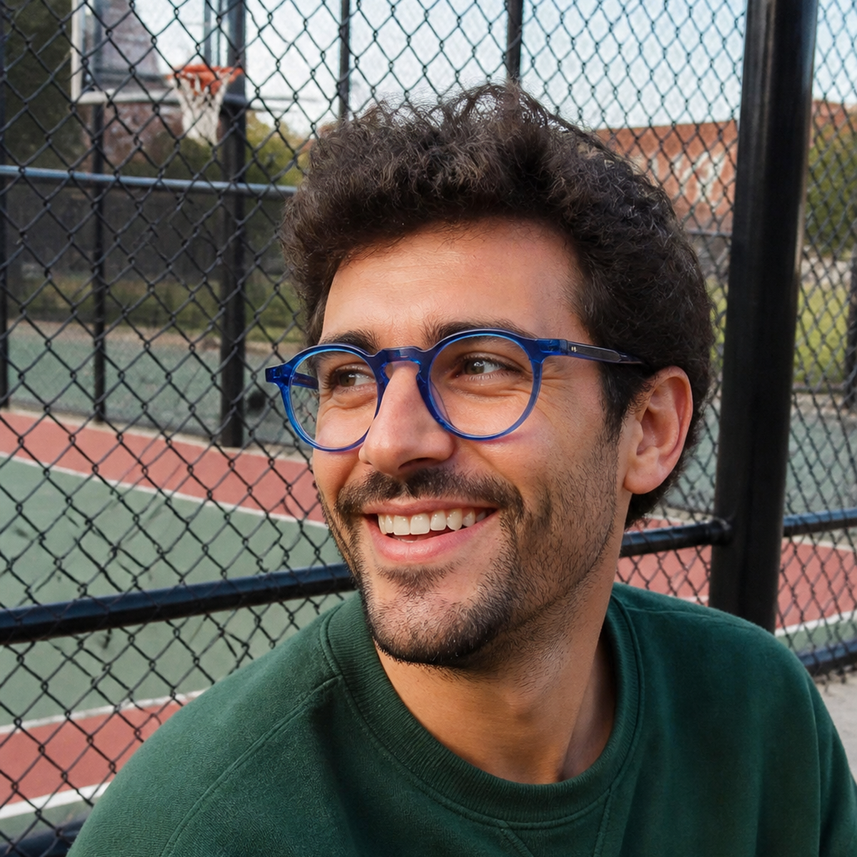 Clara blue acetate glasses worn by a customer