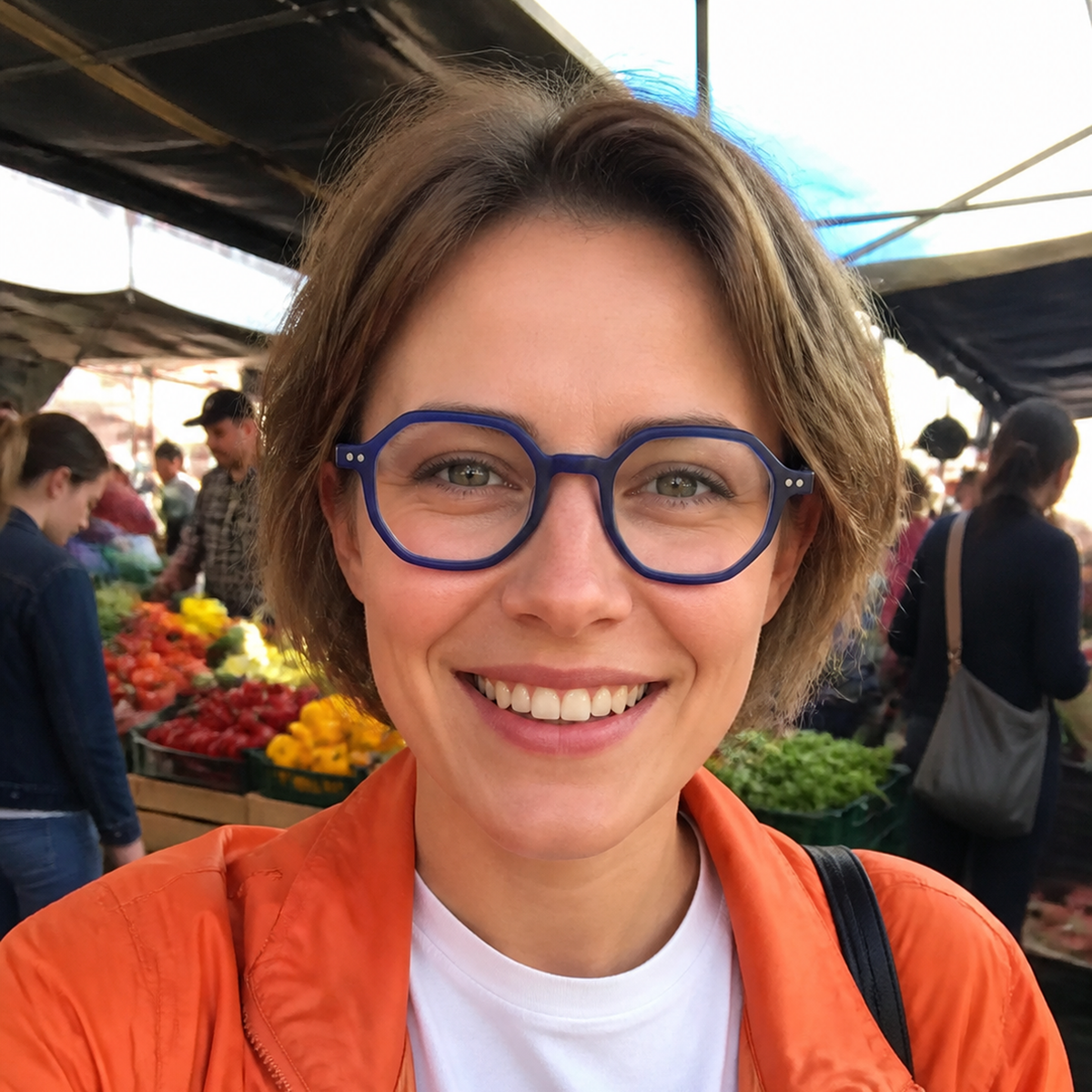 Audrey blue acetate glasses worn by a customer