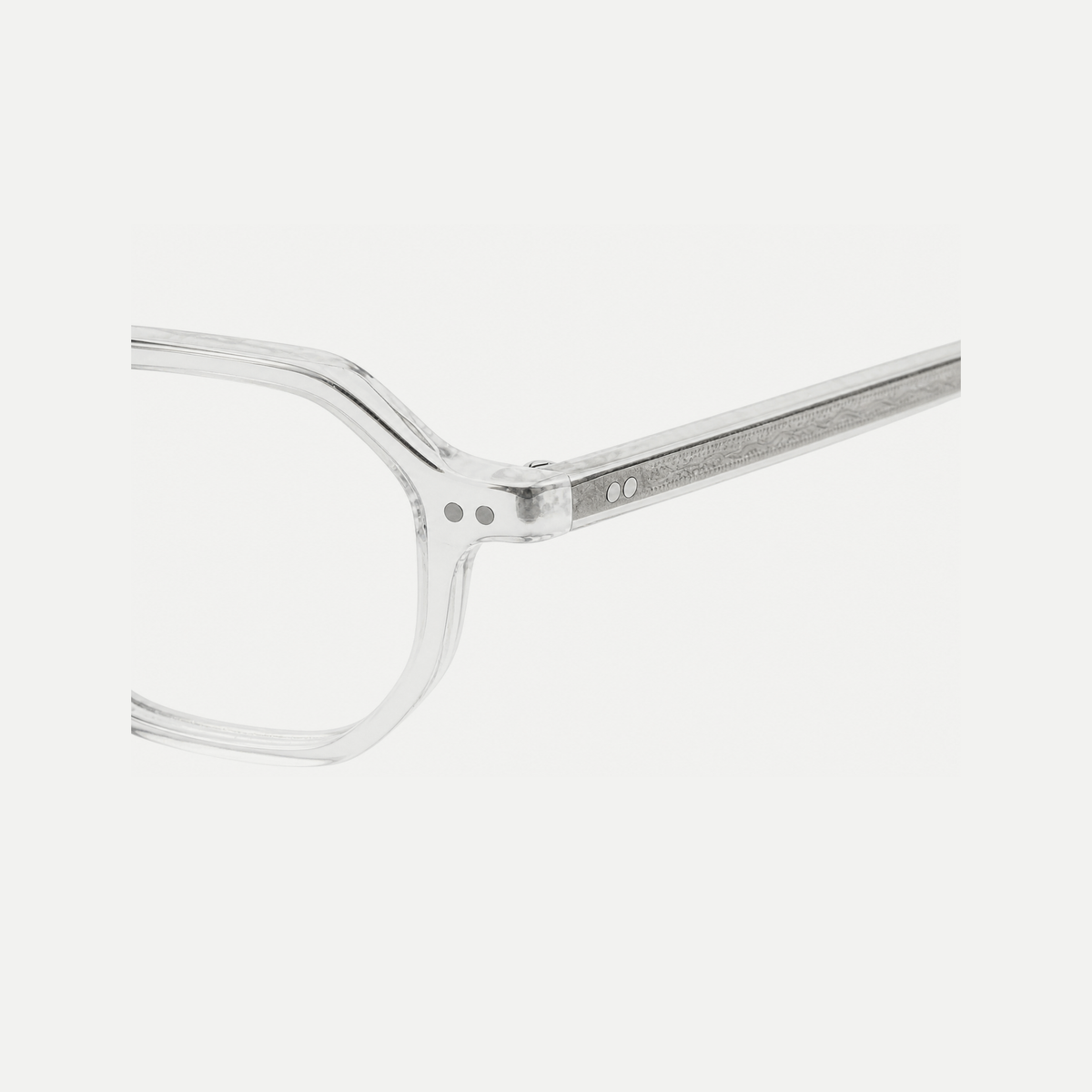 Audrey crystal clear acetate glasses, temple detail
