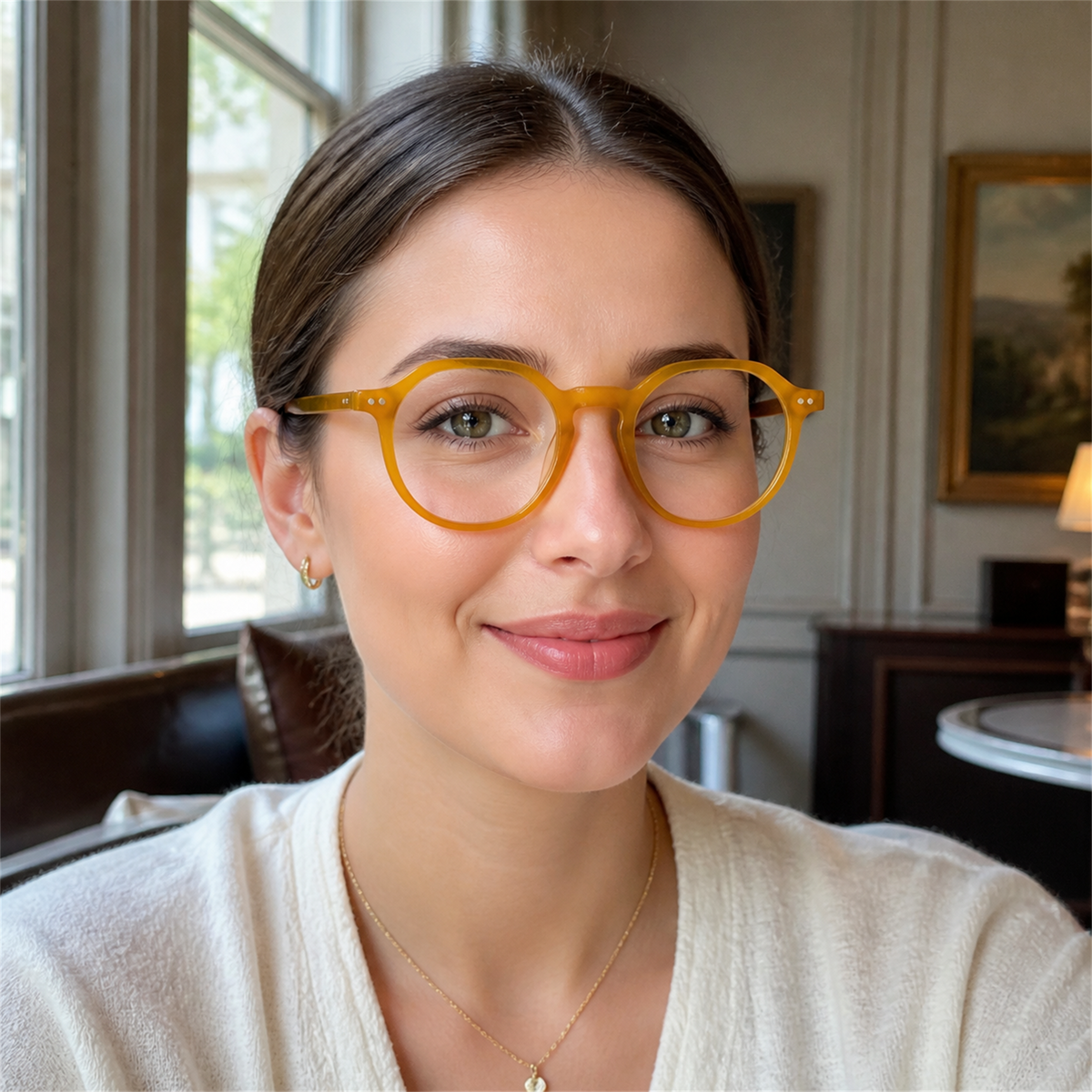 Hazel honey amber acetate glasses worn by a customer