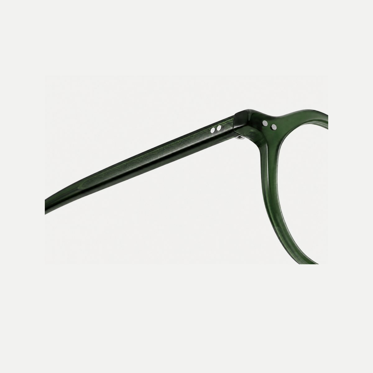 Hazel forest green acetate glasses, temple detail