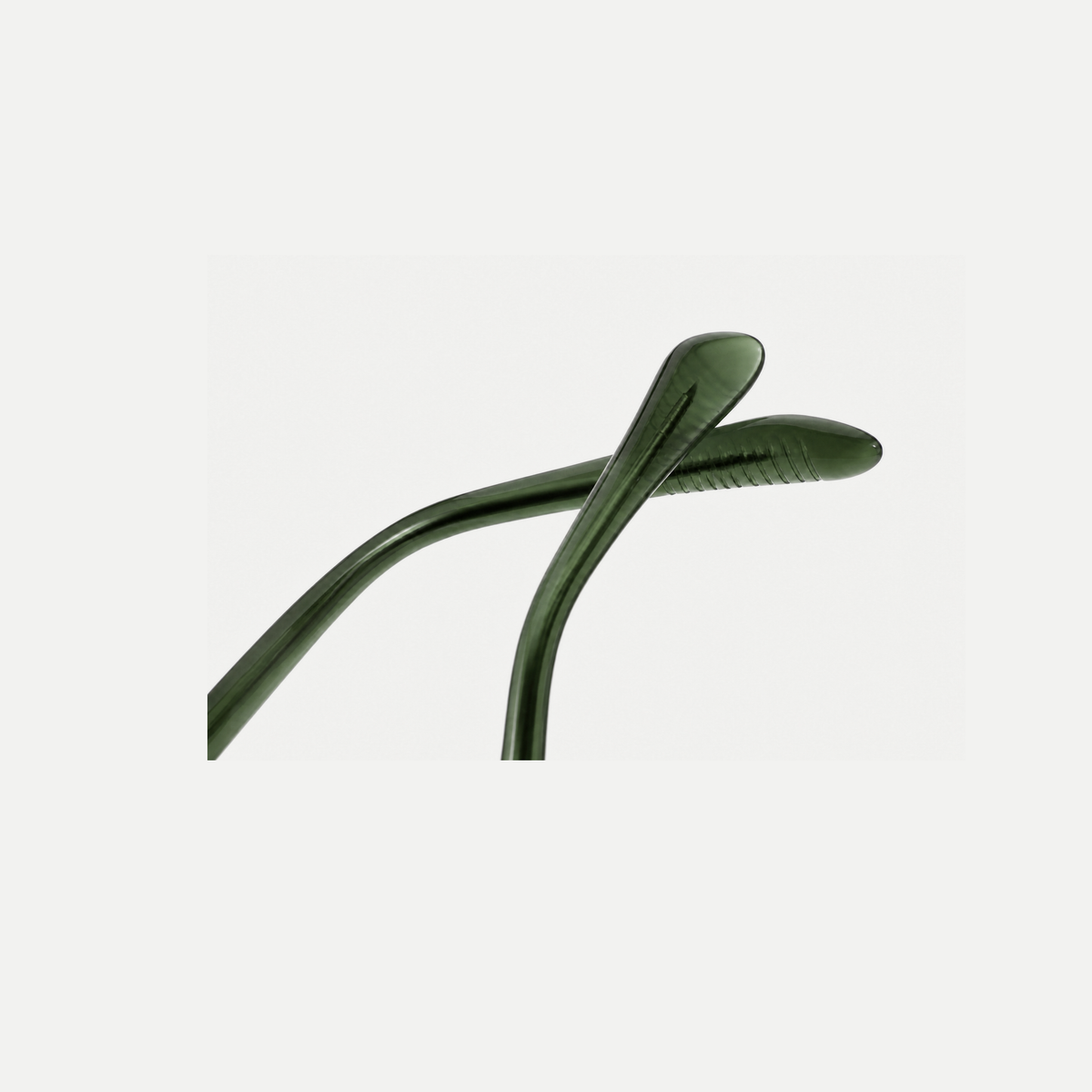 Hazel forest green acetate glasses, temple tips detail