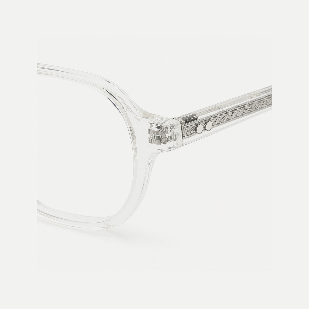 Vivian crystal clear acetate glasses, temple detail