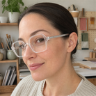 Vivian crystal clear acetate glasses worn by a customer