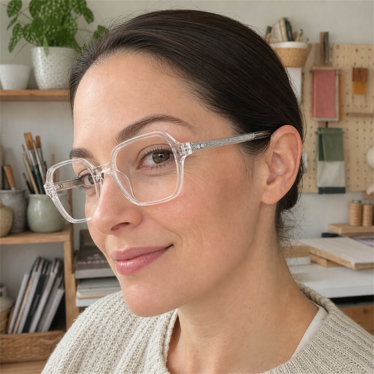 Vivian crystal clear acetate glasses worn by a customer