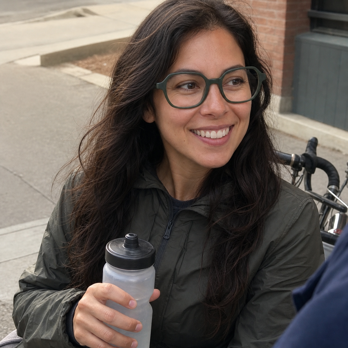 Vivian olive green acetate glasses worn by a customer