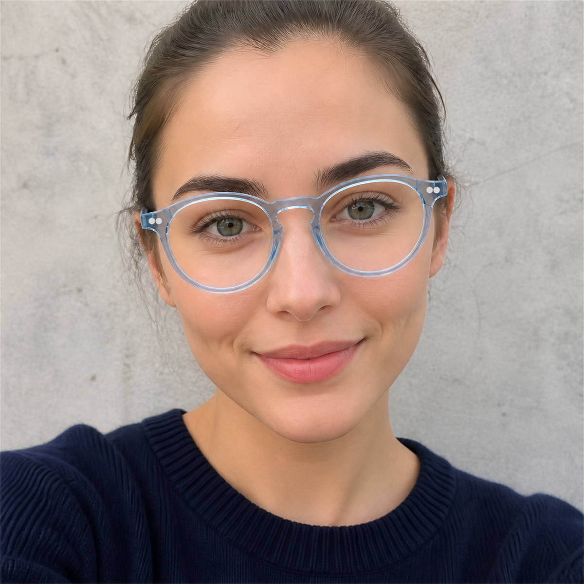 Camille light blue acetate glasses worn by a customer