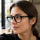 Eleanor black acetate glasses worn by a customer