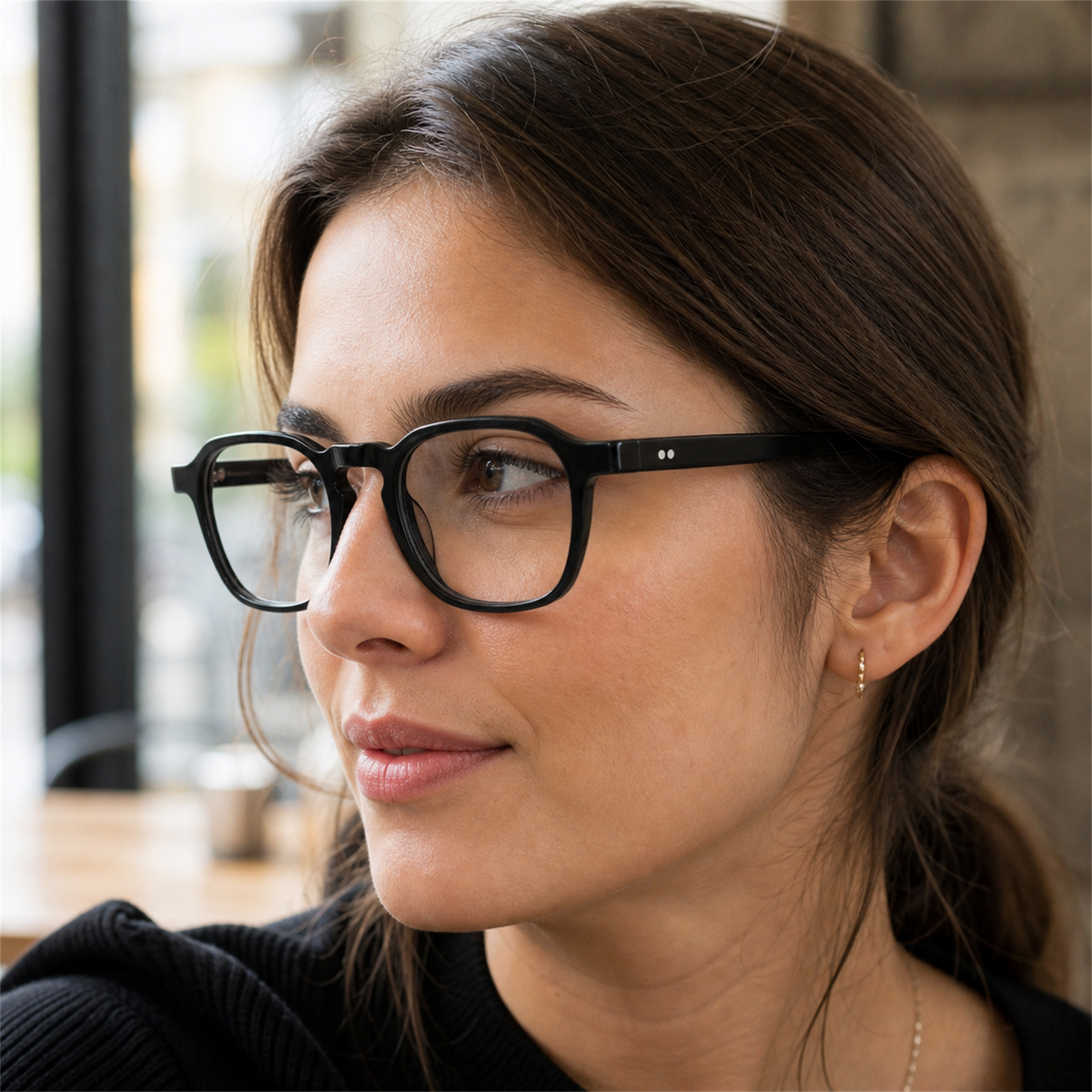 Eleanor black acetate glasses worn by a customer