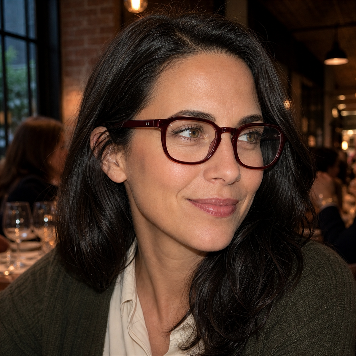 Eleanor burgundy acetate glasses worn by a customer