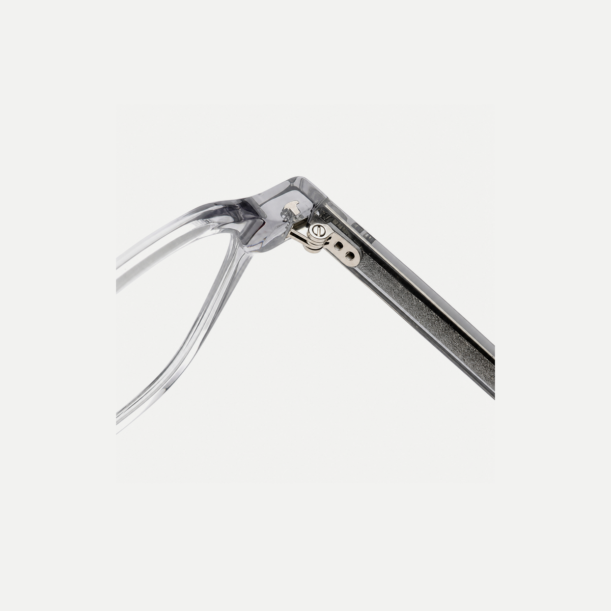 Eleanor crystal clear acetate glasses, hinge detail