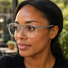 Eleanor crystal clear acetate glasses worn by a customer