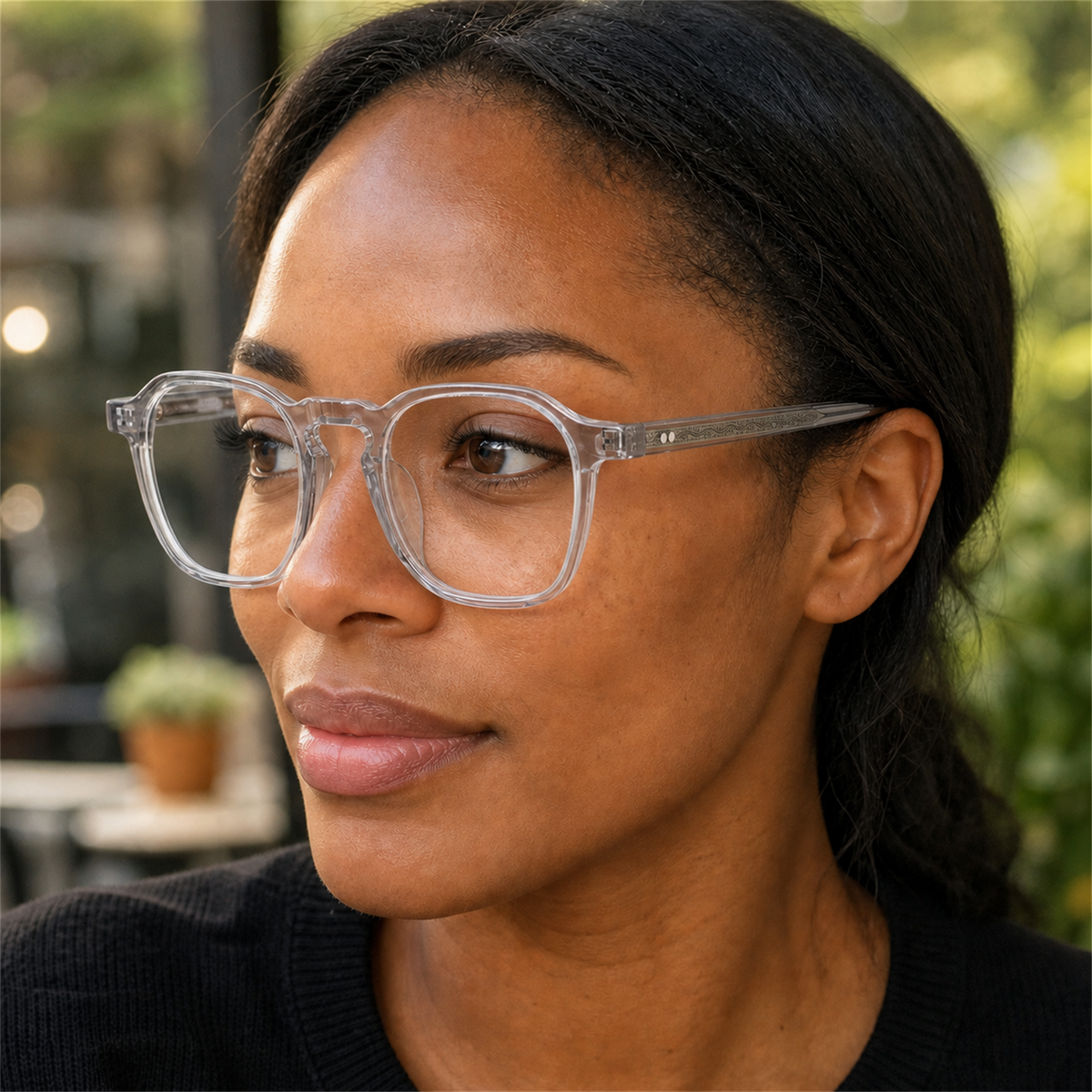 Eleanor crystal clear acetate glasses worn by a customer