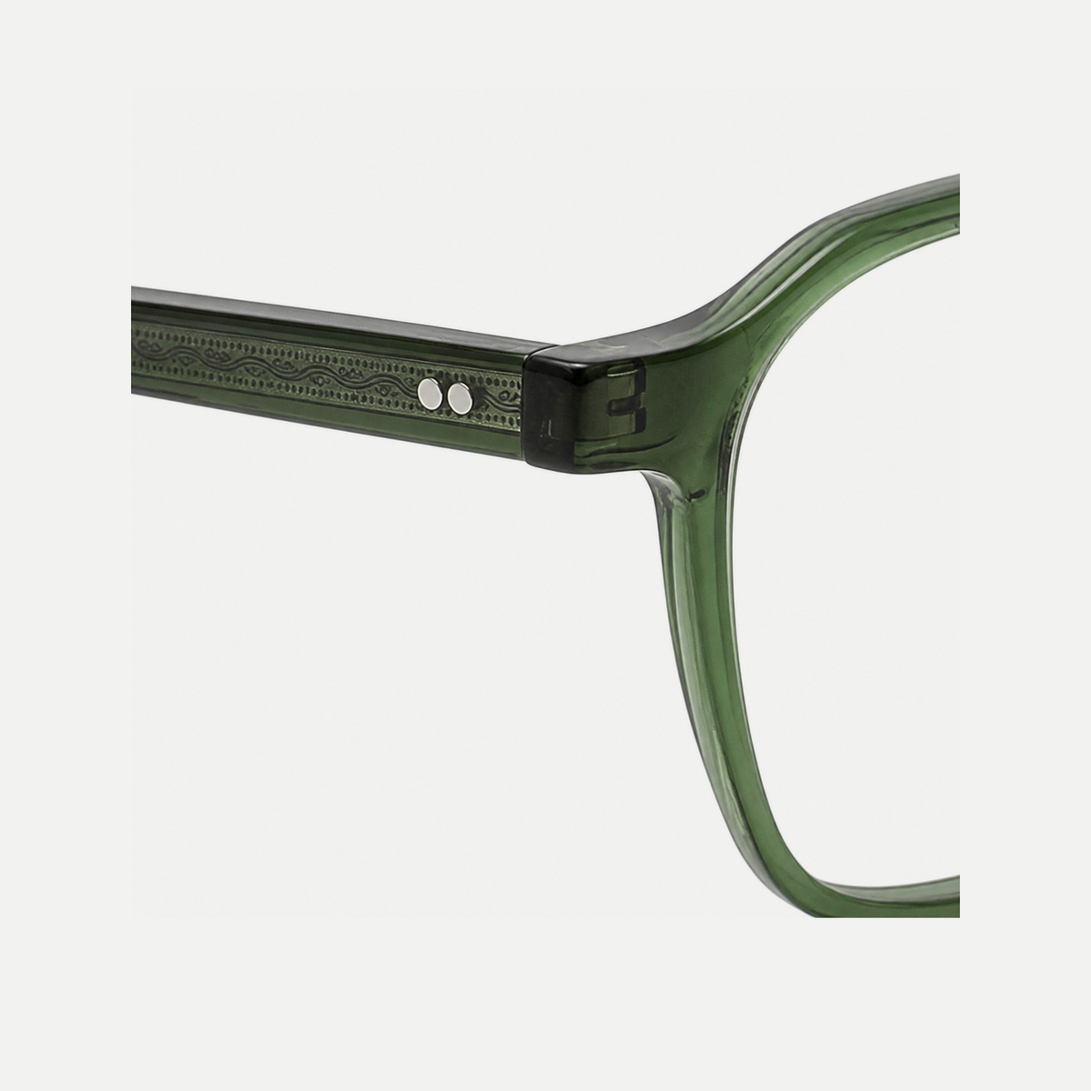 Eleanor forest green acetate glasses, temple detail