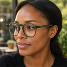 Eleanor forest green acetate glasses worn by a customer