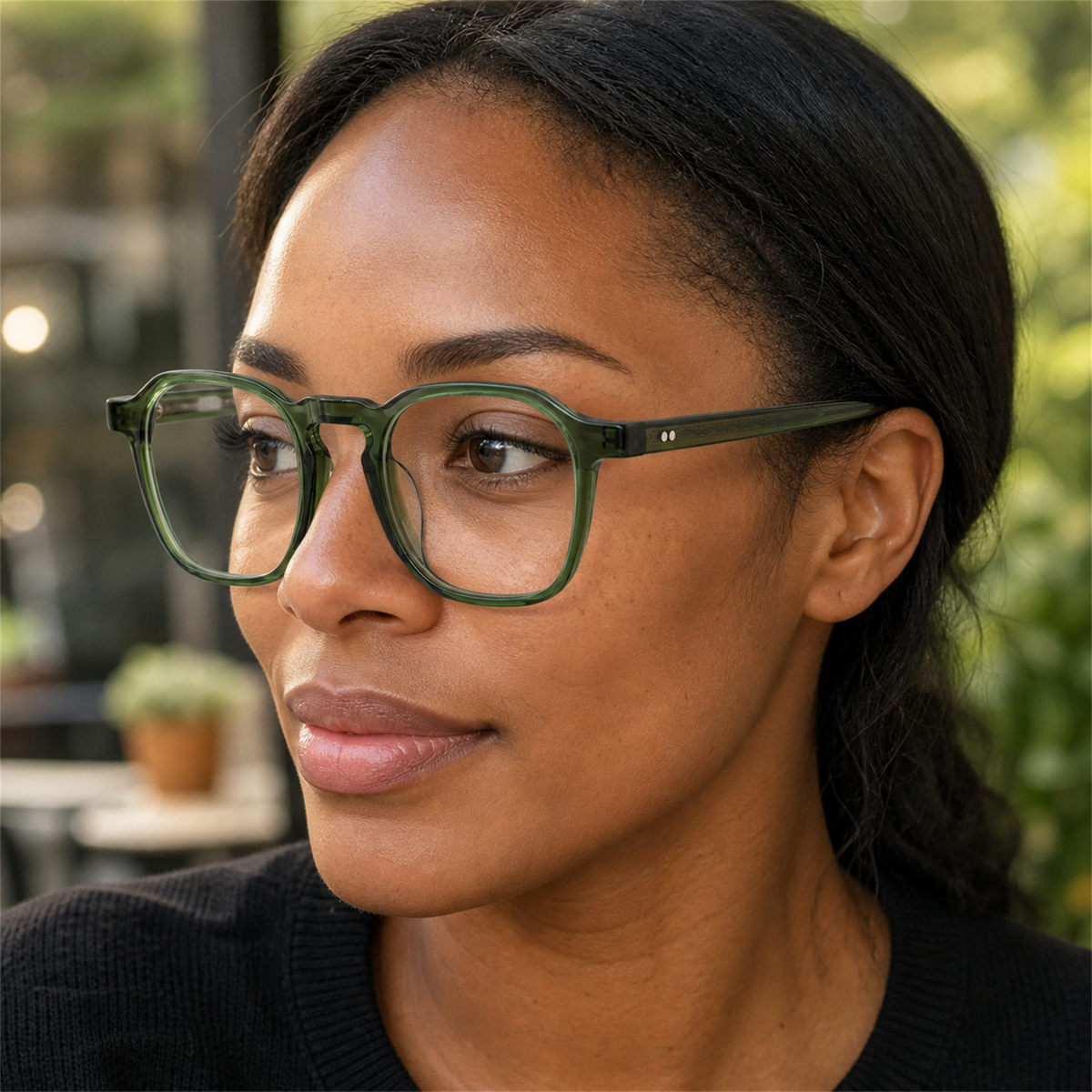 Eleanor forest green acetate glasses worn by a customer