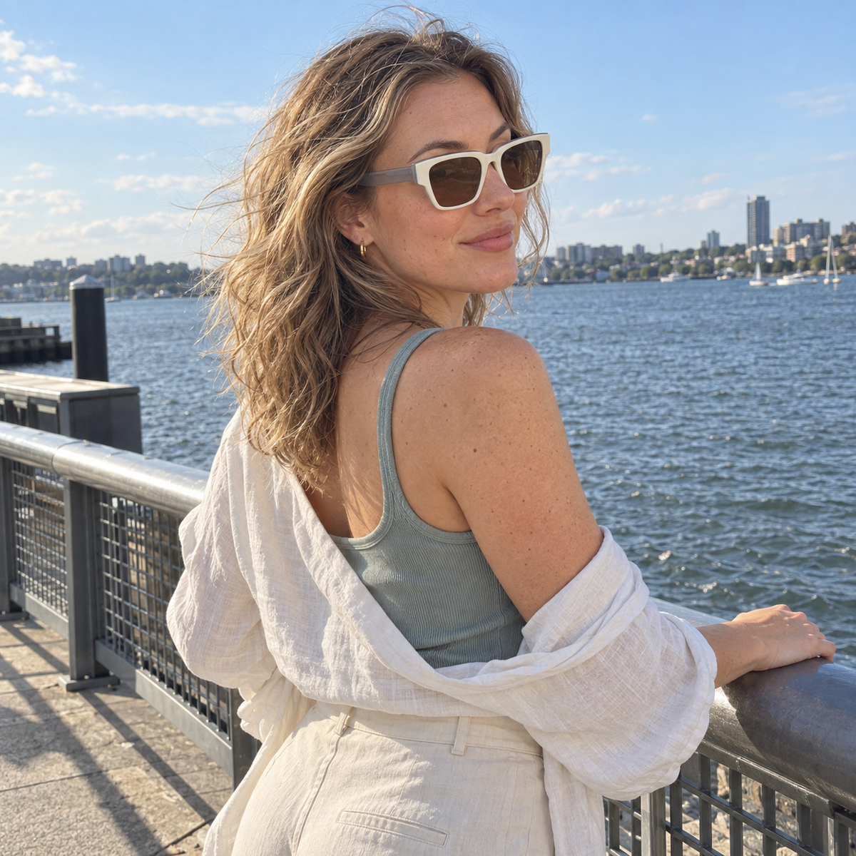 Woman wearing Arden ivory sunglasses with brown lenses at the waterfront