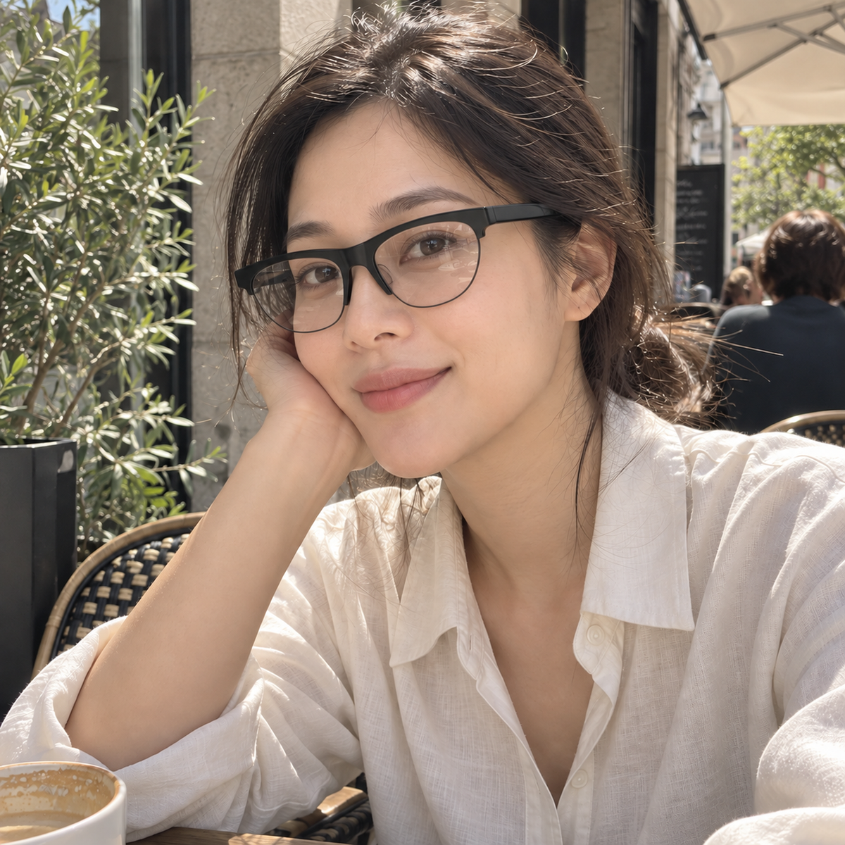 Vera black acetate eyeglasses, lifestyle wearing photo