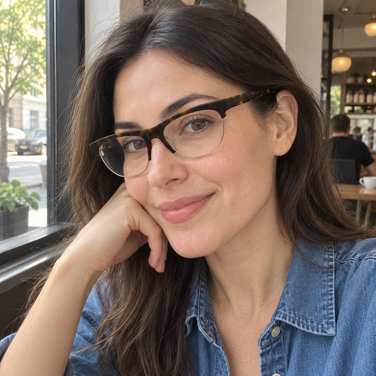 Vera amber tortoise acetate eyeglasses, lifestyle wearing photo