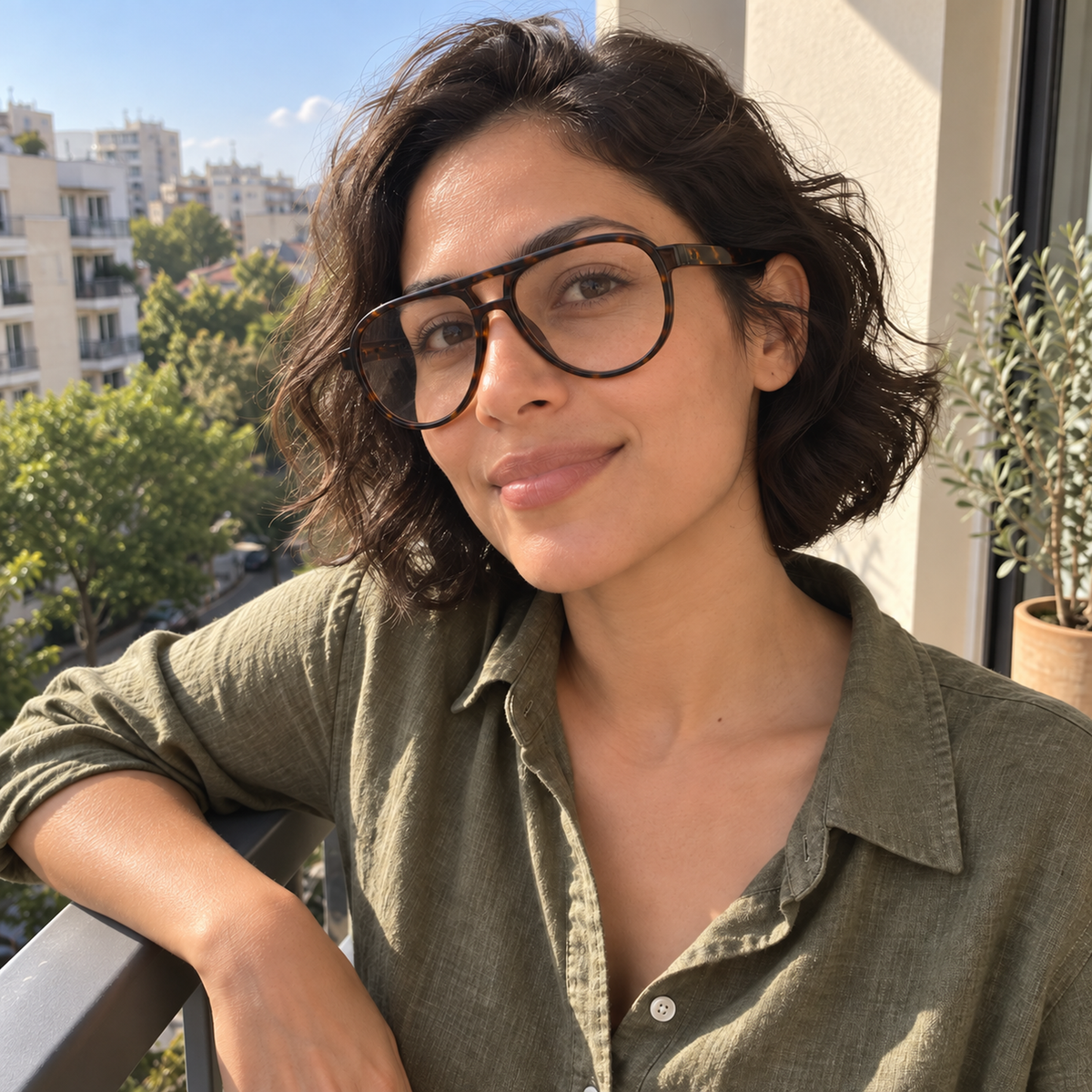 Elise dark tortoise acetate eyeglasses, lifestyle wearing photo
