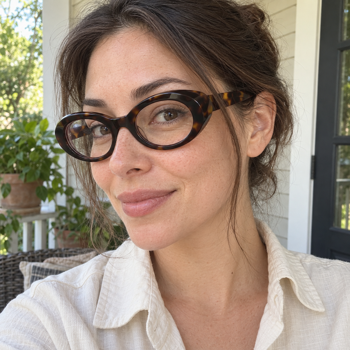 Iris amber tortoise acetate eyeglasses, lifestyle wearing photo