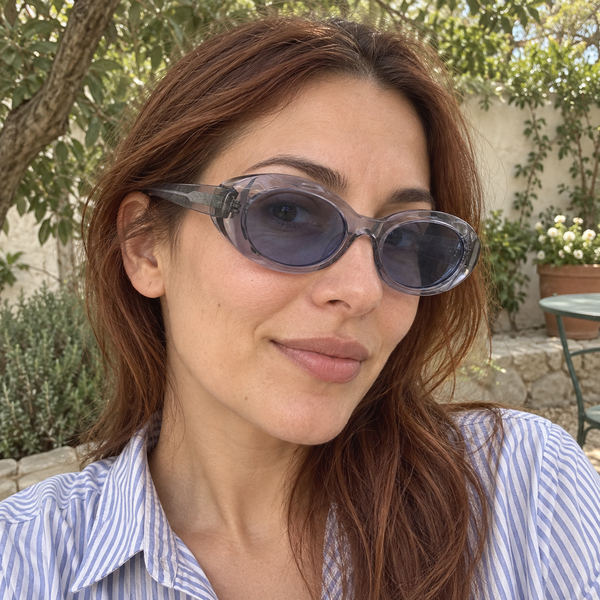 Esme crystal slate / slate blue sunglasses, lifestyle view