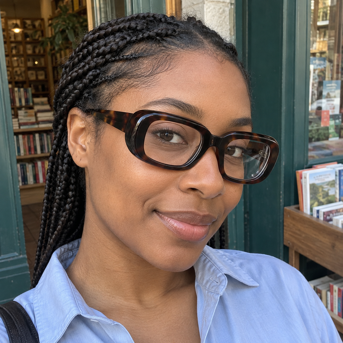 Cora dark tortoise acetate eyeglasses, lifestyle wearing photo
