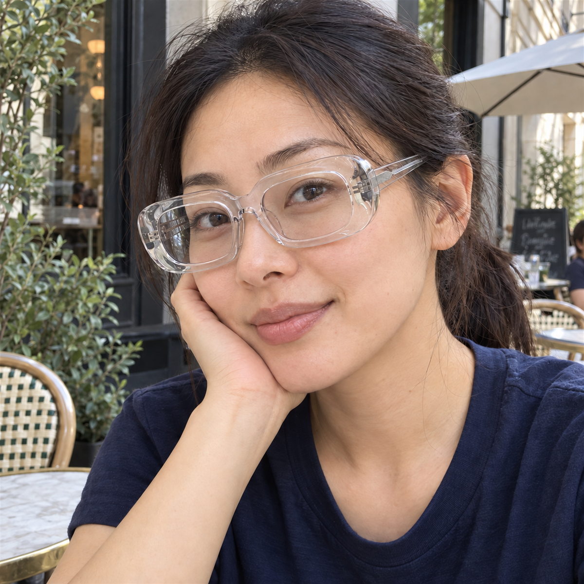 Cora crystal clear acetate eyeglasses, lifestyle wearing photo