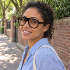 Livia amber tortoise acetate eyeglasses, lifestyle wearing photo