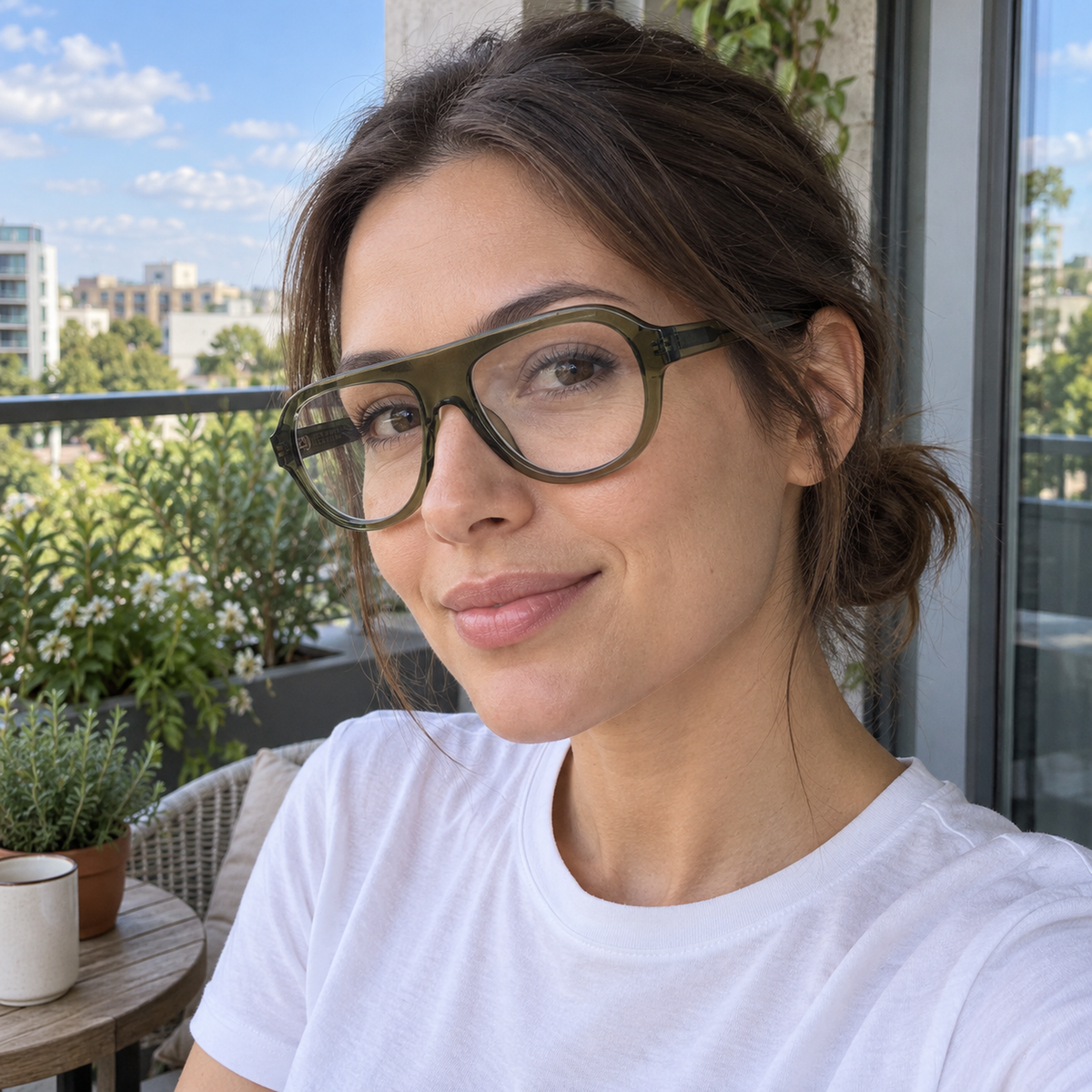 Livia crystal olive acetate eyeglasses, lifestyle wearing photo