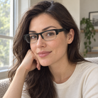 Anya black acetate eyeglasses, lifestyle wearing photo
