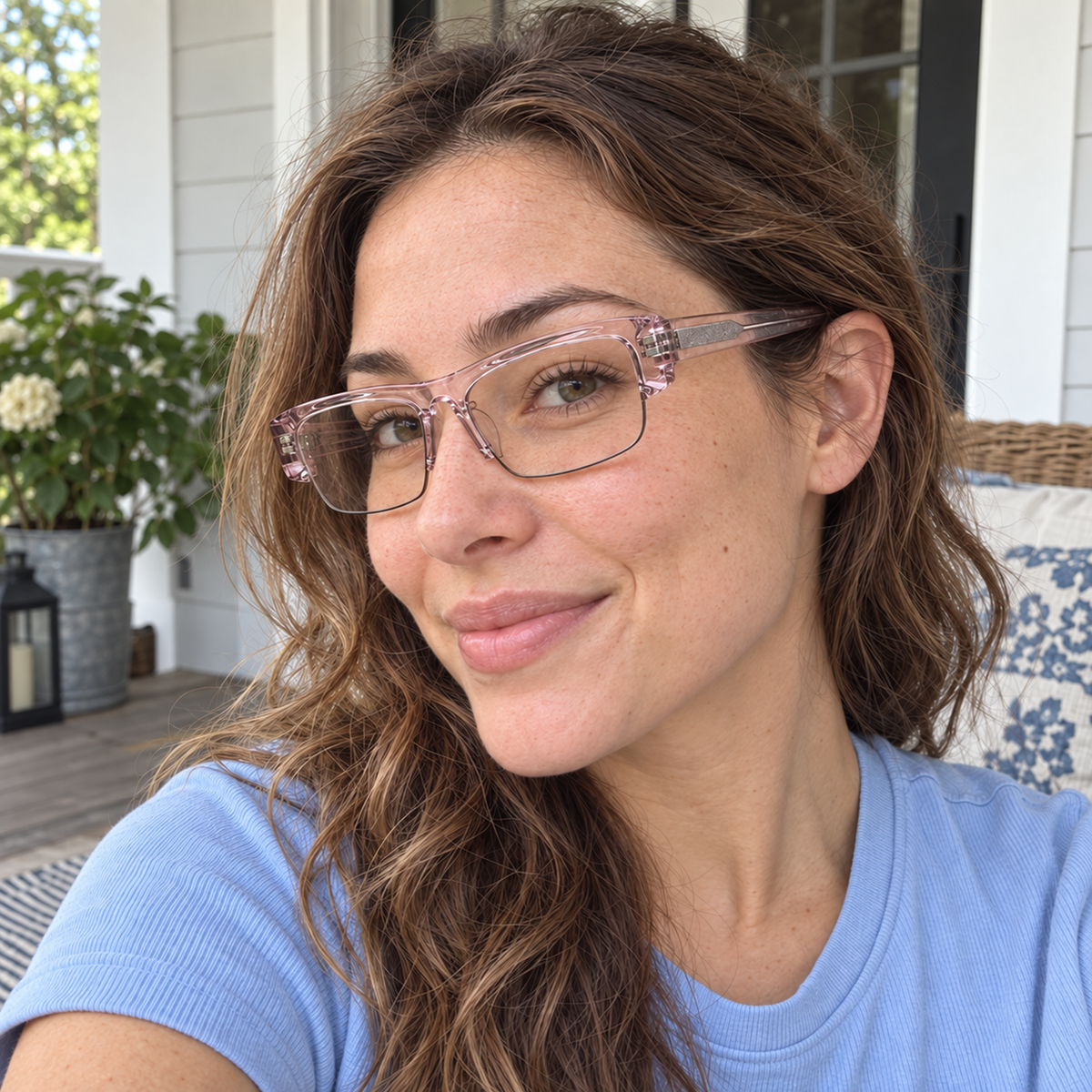 Anya crystal pink acetate eyeglasses, lifestyle wearing photo