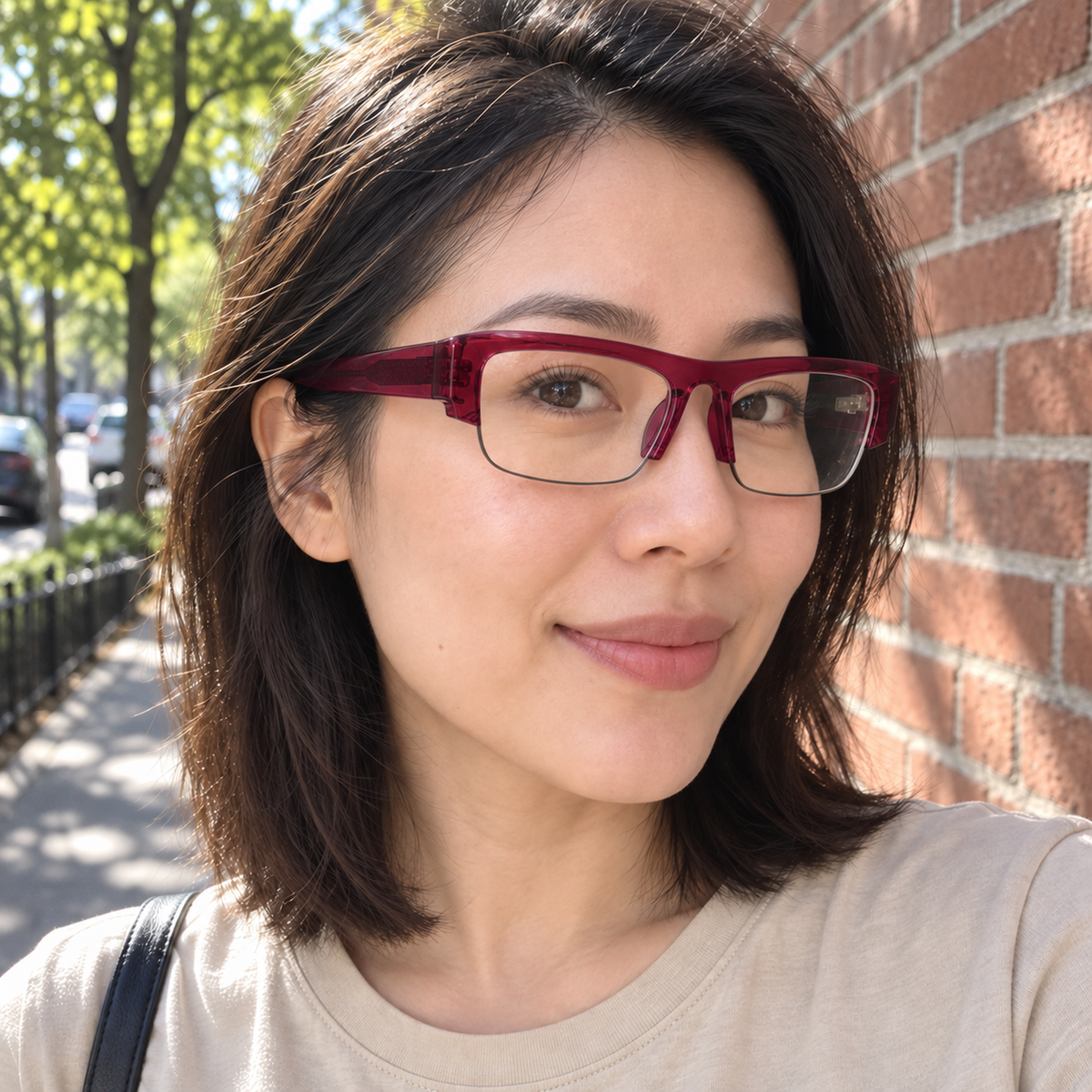 Anya burgundy acetate eyeglasses, lifestyle wearing photo