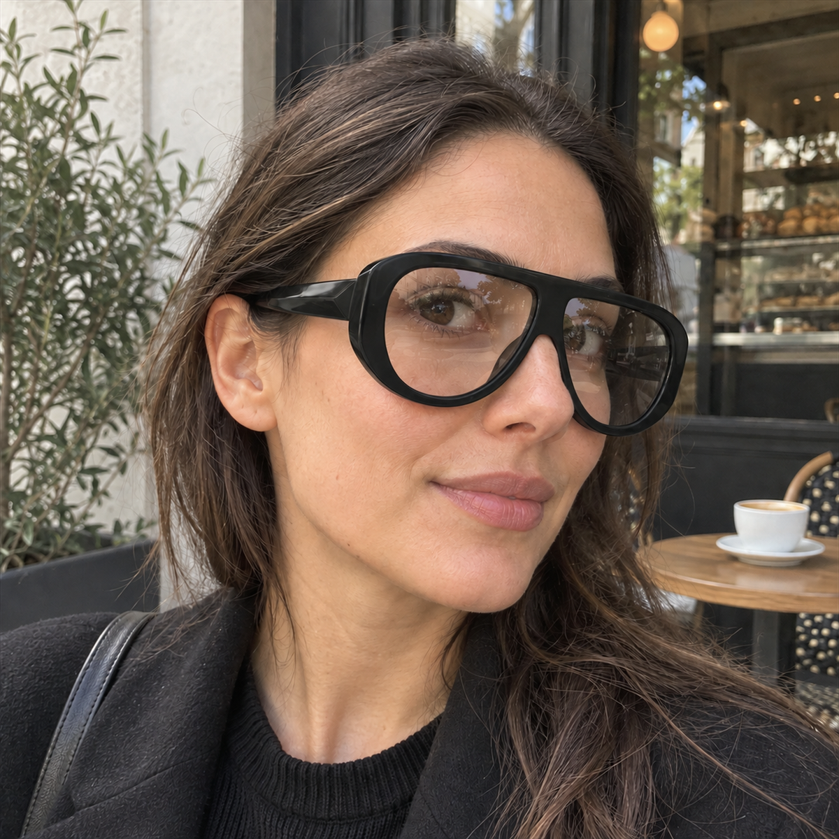 Mira black acetate eyeglasses, lifestyle wearing photo