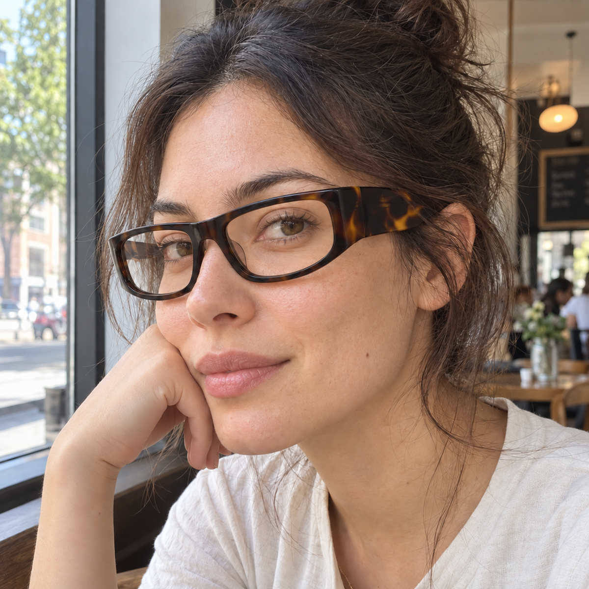 Flora amber tortoise acetate eyeglasses, lifestyle wearing photo