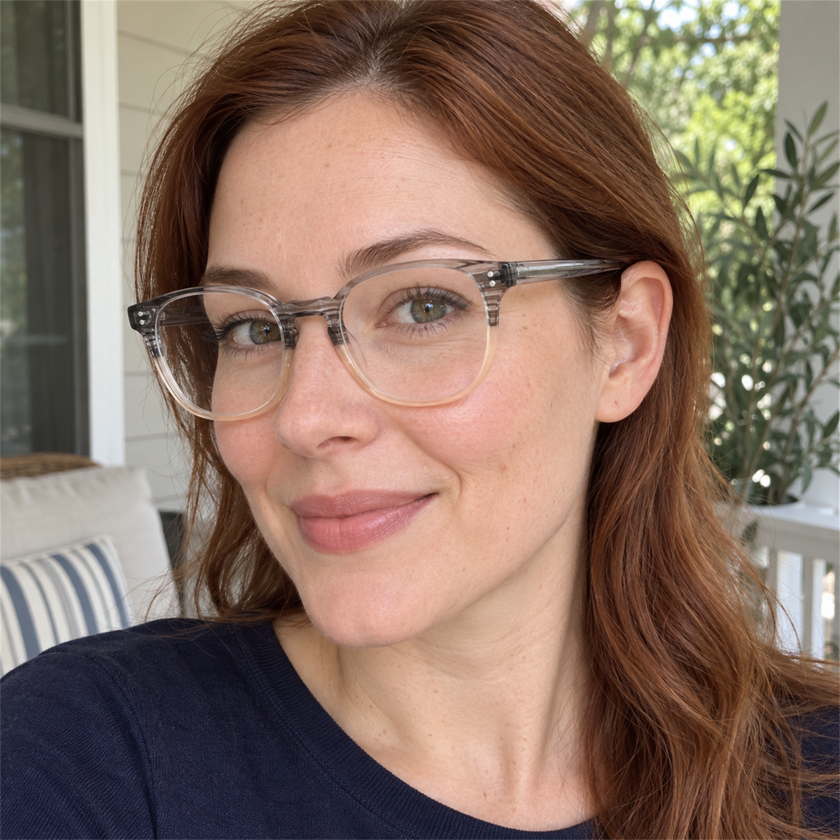Delphine crystal blush acetate eyeglasses, lifestyle wearing photo