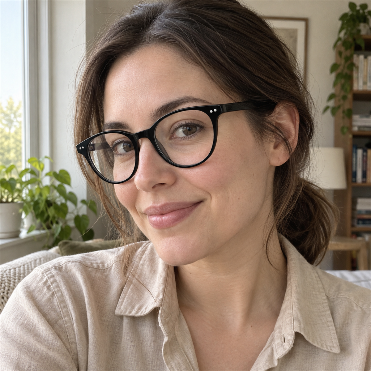 Sabine black acetate eyeglasses, lifestyle wearing photo