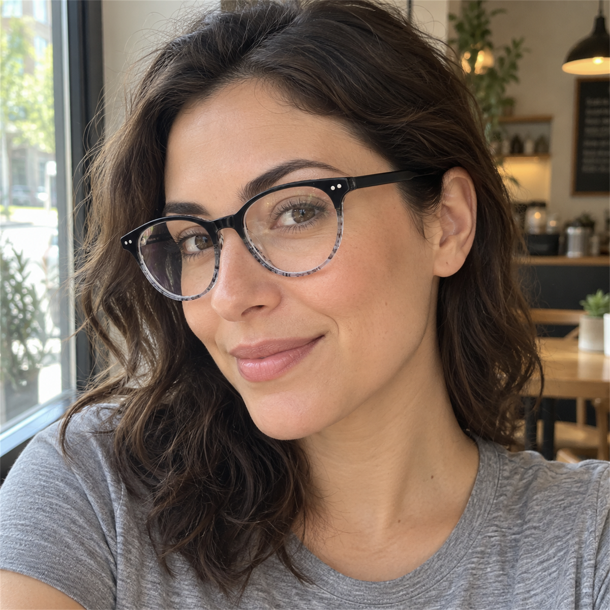 Sabine crystal blue gray acetate eyeglasses, lifestyle wearing photo