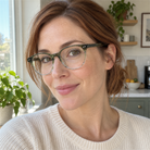 Sabine crystal olive acetate eyeglasses, lifestyle wearing photo