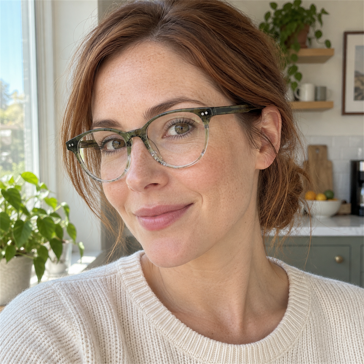 Sabine crystal olive acetate eyeglasses, lifestyle wearing photo