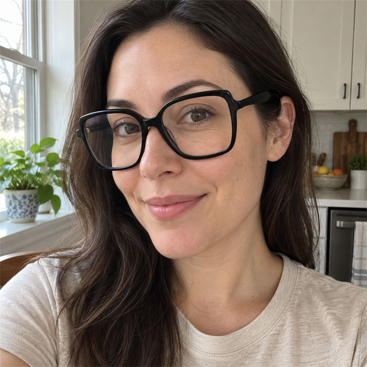 Lucille black acetate eyeglasses, lifestyle wearing photo
