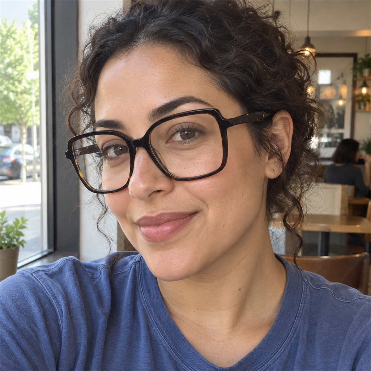 Lucille dark burgundy acetate eyeglasses, lifestyle wearing photo