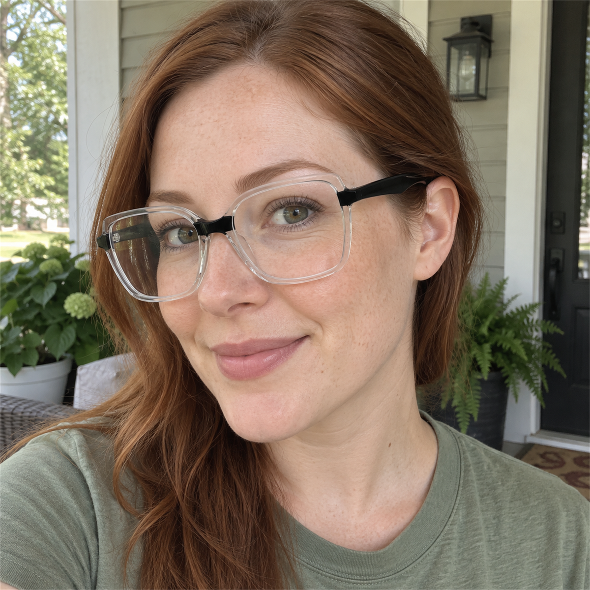 Lucille crystal clear / black acetate eyeglasses, lifestyle wearing photo