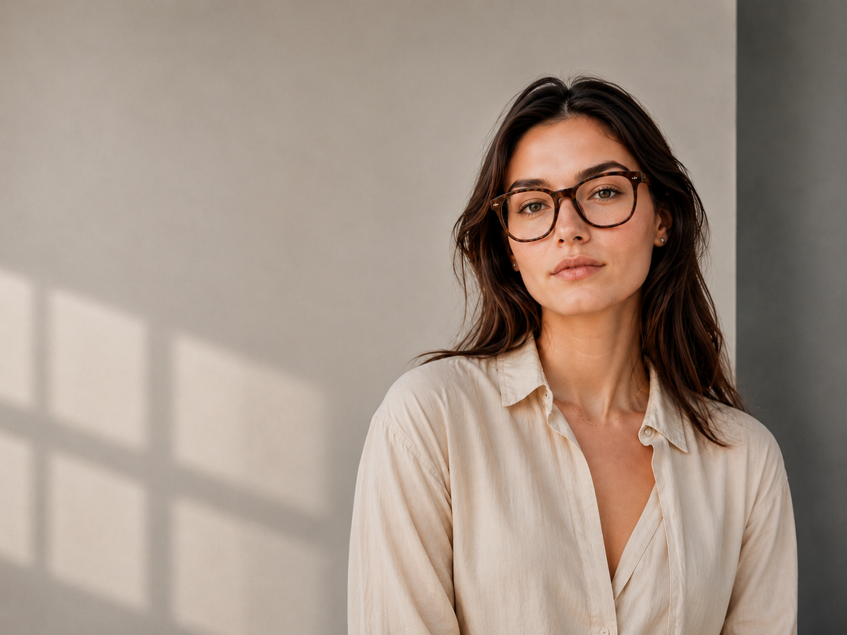 Young woman wearing transparent tortoiseshell optical glasses