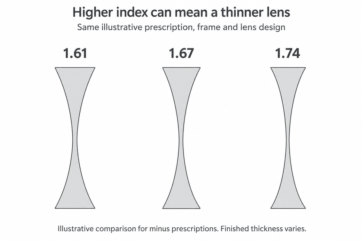 Illustrative comparison of minus-lens edge thickness for 1.61, 1.67 and 1.74 lenses